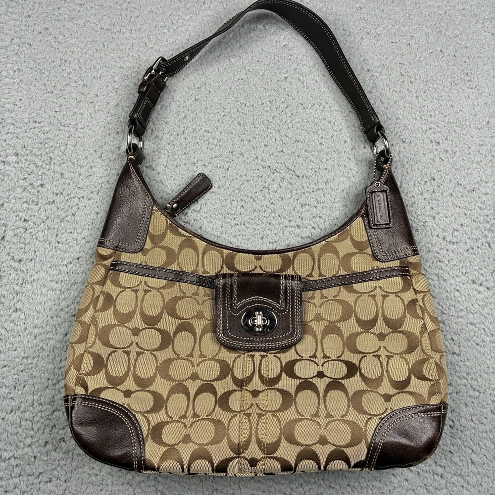 Coach Hampton Hobo Bag F13971 Brown Signature Canvas Shoulder Purse Monogram